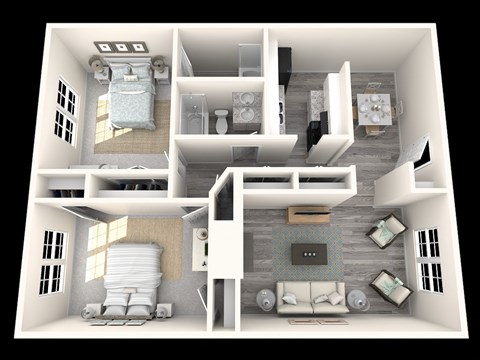 2 Bed, 2 Bath, 1078 sq. ft. Oak floor plan